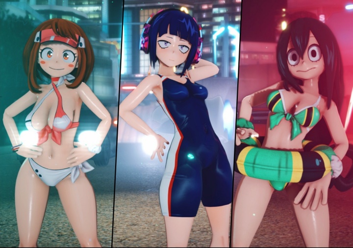 【ヒロアカMMD】耳郎響香、蛙吹梅雨、麗日お茶子のおっぱい揺れ揺れ水着ダンス!